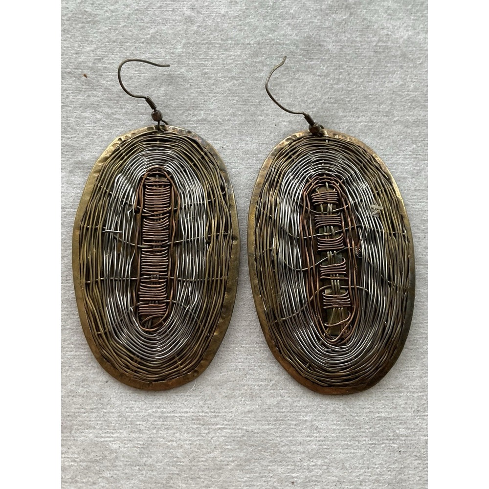 artisan-crafted multi-tone wire-wrapped oval dangle earrings Bronze Copper VTG